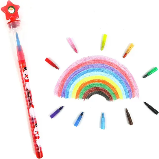 TINYMILLS 24 Pcs Christmas Holidays 2 in 1 Stackable Stacking Crayon with Extra Stamper Topper, Kids Party Favors, Goodie Bag Stuffers, Classroom Rewards, Prizes {6}