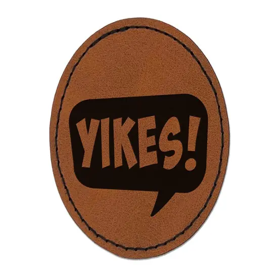 Yikes Callout Speech Bubble Round Iron-On Engraved Faux Leather Patch Applique - 2.5" Brown {1}