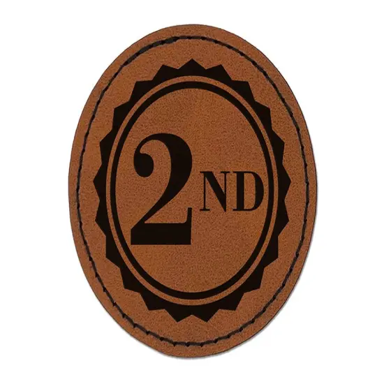 Second 2nd Place Circle Award Round Iron-On Engraved Faux Leather Patch Applique - 2.5" Brown {1}