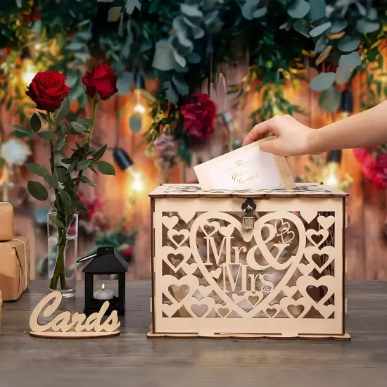 Rustic Wedding Card Box with Mr & Mrs Sign Wooden Card Box with Lock Wedding Box for Cards and Money Gift Box for Reception {2}