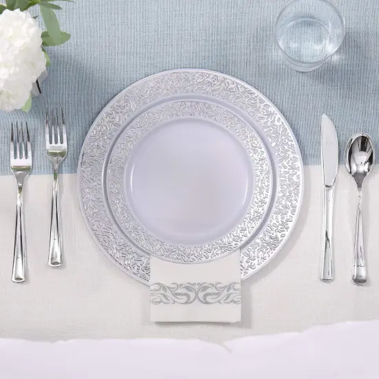 175 Pieces Silver Dinnerware Set 25 Guest-50 Silver Lace Plastic Plates-25 Silver Plastic Silverware-25 Silver Plastic Cups-25 Silver Paper Napkins, FOCUSLINE Disposable Dinnerware Set {3}