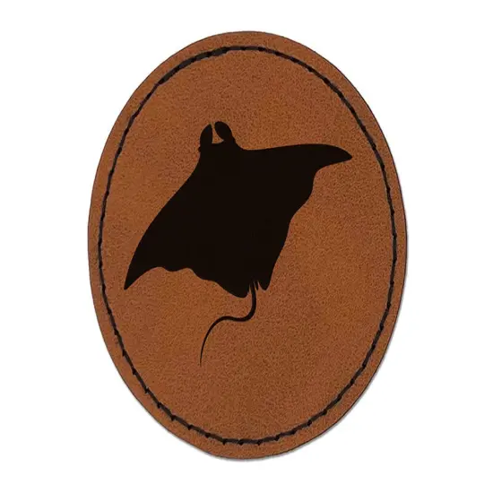 Manta Ray Solid Round Iron-On Engraved Faux Leather Patch Applique - 2.5" Brown {1}