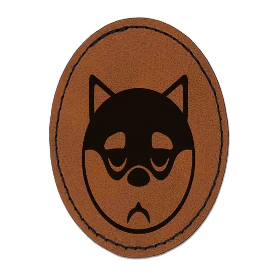 Husky Dog Face Sleepy Tired Round Iron-On Engraved Faux Leather Patch Applique - 2.5" Brown {1}