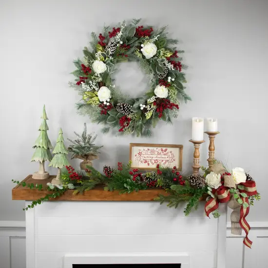 Northlight Real Touch&trade;️ Mixed Foliage and Roses Artificial Christmas Wreath 30" - Unlit Green {3}