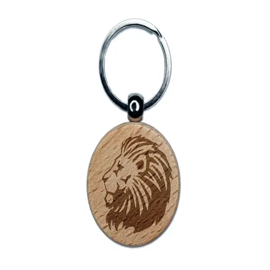 Regal Maned Lion Head Side Profile Engraved Wood Round Keychain Tag Charm {1}