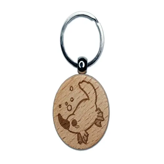 Swimming Kawaii Chibi Duck Billed Platypus Engraved Wood Round Keychain Tag Charm {1}