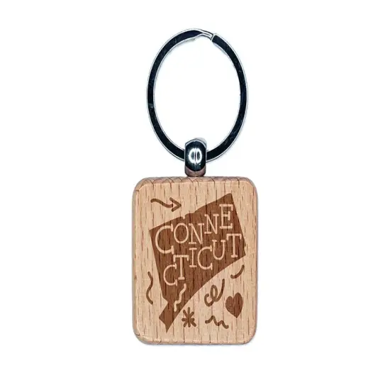 Connecticut State with Text Swirls Engraved Wood Square Keychain Tag Charm {1}