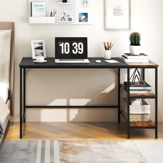 55" Modern Industrial Style Study Writing Desk with 2 Storage Shelves Black {2}