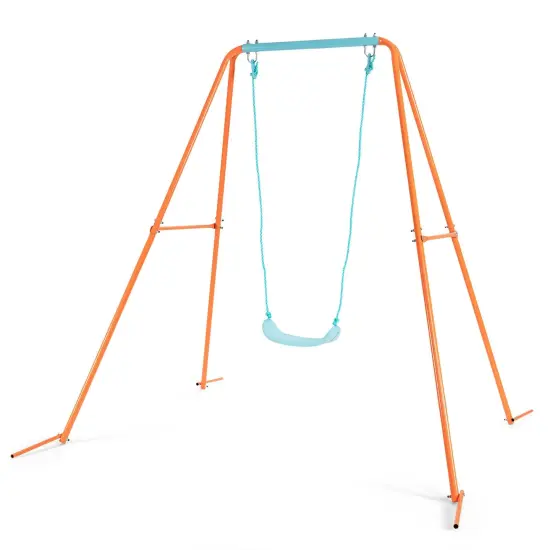 Outdoor Kids Swing Set with Heavy Duty Metal A-Frame and Ground Stakes Orange {1}