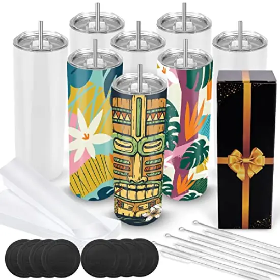 8 Pieces Sublimation Tumblers Blank 20 oz Straight Skinny Bulk for Heat transfer, Double Wall Insulated Tumbler with Lids, Straw, Rubber Bottoms, Individually Gift Boxed and Shrink Wrap Films {1}