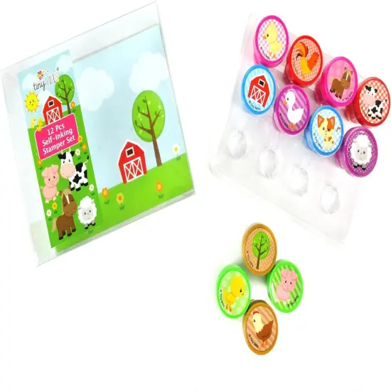 TINYMILLS 12 Pcs Farm Animals Stamp Kit for Kids - Farm Animals Barnyard Self Inking Stamps Gift Party Favors {3}