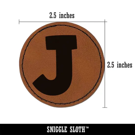Letter J Uppercase Fun Bold Font Round Iron-On Engraved Faux Leather Patch Applique - 2.5" Brown {2}