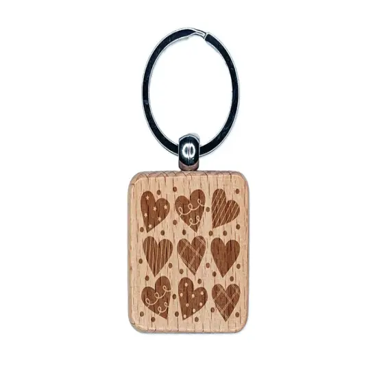 Artsy Hearts Love Engraved Wood Square Keychain Tag Charm {1}
