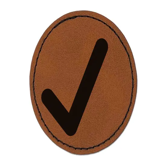 Check Mark Symbol Round Iron-On Engraved Faux Leather Patch Applique - 2.5" Brown {1}