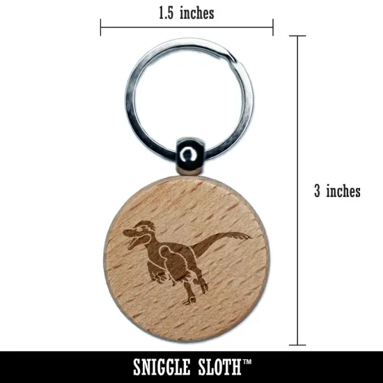 Velociraptor Dinosaur Running Engraved Wood Round Keychain Tag Charm {2}