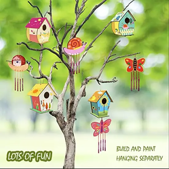 4 Pieces DIY Bird House Wind Chime Kits for Children to Build and Paint, Wooden Arts and Crafts for Kids Girls Boys Toddlers Ages 8-12 4-6 6-8, Paint Kit Includes Paints & Brushes {4}