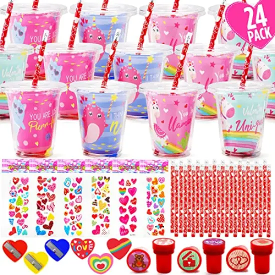 24 Pack Valentines Day Gifts for Kids - Valentines Day Stationery Gift with Cards Pencils Stickers Erasers Stampers Sharpener Cups Classroom Prize School Exchange Boys Girls Party Favors {1}