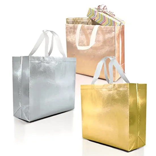 15 Gift Bags Luxury Mix Color Set - 5 Rose Gold, 5 Silver, 5 Gold Reusable Gift Bags With White Handles - Ideal As Christmas Gift Bags, Goodie Bags, Birthday Gift Bags - 13Wx5Dx11H Size {1}