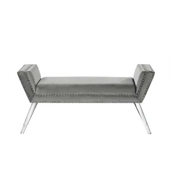 Lexi Velvet Nailhead Trim Acrylic Leg Ottoman Bench Grey {3}