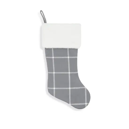 Farmhouse Windowpane Plaid Faux Fur Christmas Stocking White and Grey Plaid {2}
