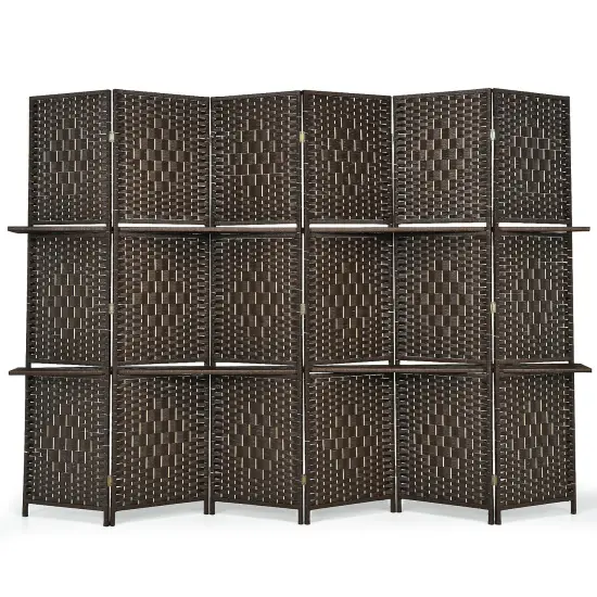 6 Panel Folding Weave Fiber Room Divider with 2 Display Shelves Black {7}
