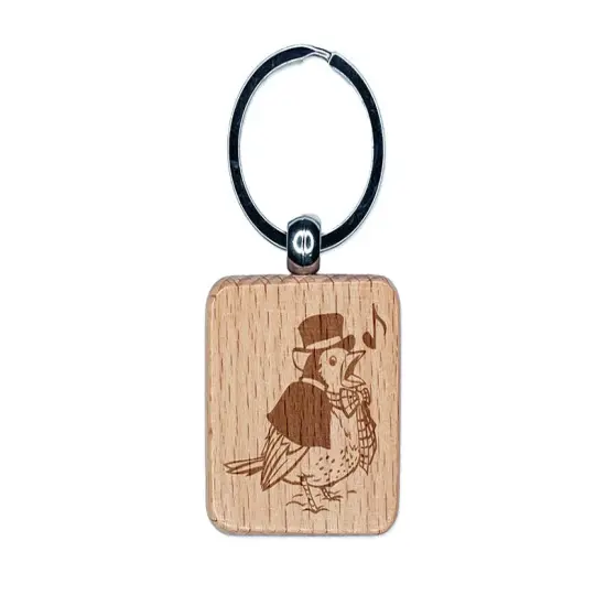 Christmas Caroler Song Bird Robin Engraved Wood Square Keychain Tag Charm {1}