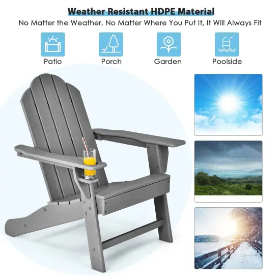 Outdoor Adirondack Chair with Built-in Cup Holder for Backyard and Porch Grey {3}
