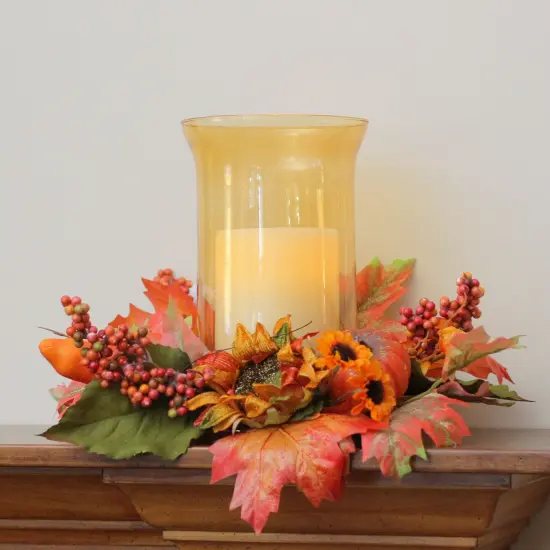 Northlight 16" Artificial Orange Fall Flowers and Pumpkins Pillar Candle Holder {3}