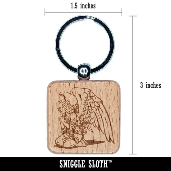 Praying Winged Angel Woman Engraved Wood Square Keychain Tag Charm {2}