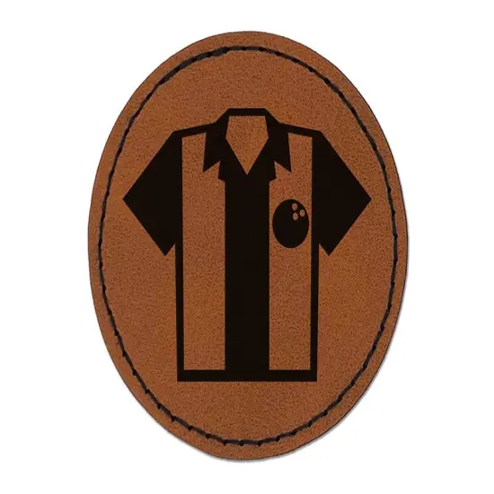Bowling Shirt Striped Retro Style Round Iron-On Engraved Faux Leather Patch Applique - 2.5" Brown {1}