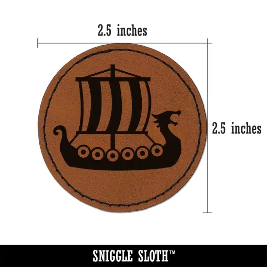 Viking Dragon Longship with Striped Sail Round Iron-On Engraved Faux Leather Patch Applique - 2.5" Brown {2}