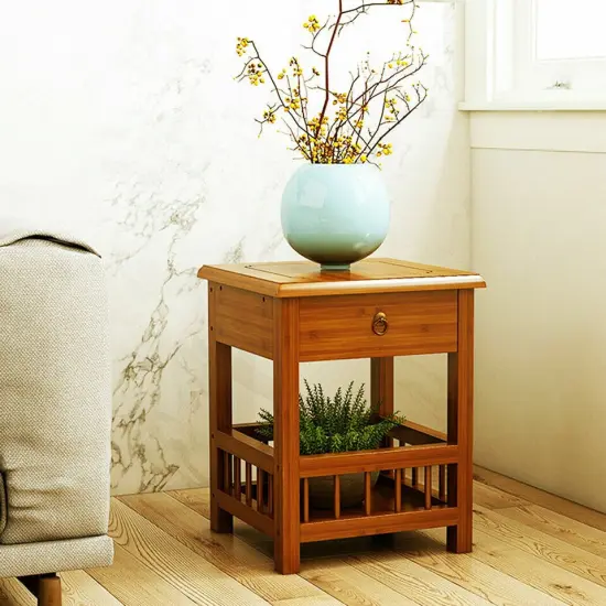 Bamboo 1 Drawer Side Cabinet Wooden Bedside Table Cabinet Storage. {2}