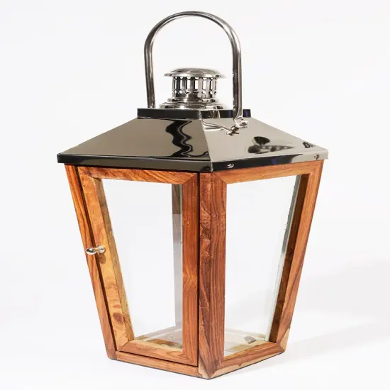 Kaemingk 24.75" Beach Day Over-Sized Stainless Steel and Sheesham Wood Modern Pillar Candle Lantern Brown {1}