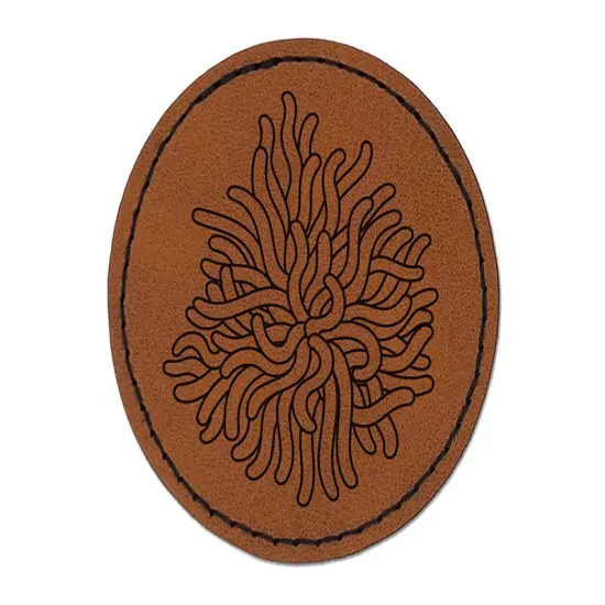 Sea Anemone Outline Ocean Life Round Iron-On Engraved Faux Leather Patch Applique - 2.5" Brown {1}