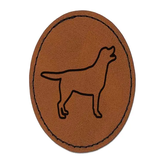 Labrador Retriever Dog Outline Round Iron-On Engraved Faux Leather Patch Applique - 2.5" Brown {1}