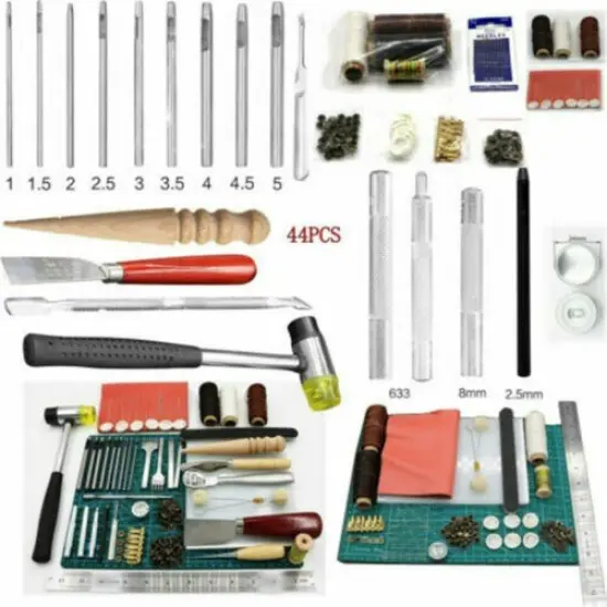 Leather Craft Tool Kit - 18/44 Pieces for Sewing, Punching, Carving, and Stitching {1}