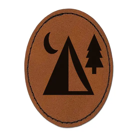 Camping Tent Campsite Round Iron-On Engraved Faux Leather Patch Applique - 2.5" Brown {1}