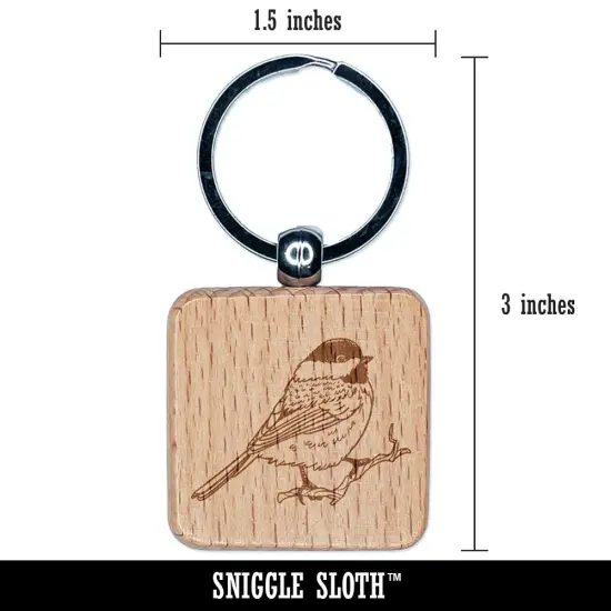 Black-Capped Chickadee Bird on Branch Engraved Wood Square Keychain Tag Charm {2}