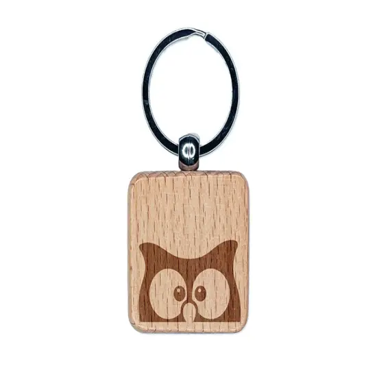 Peeking Owl Engraved Wood Square Keychain Tag Charm {1}