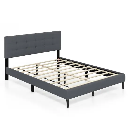 Costway Queen Upholstered Platform Bed Mattress Foundation Button Tufted Headboard Blue/Grey {7}