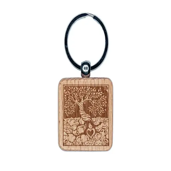 Tree of Life with Hidden Animals in Roots Engraved Wood Square Keychain Tag Charm {1}