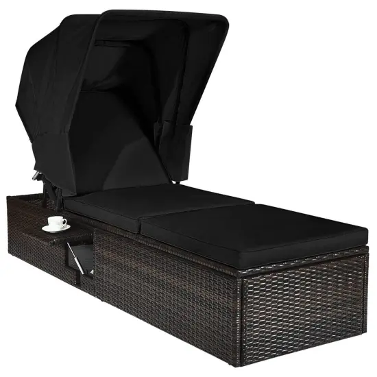 Outdoor Adjustable Cushioned Chaise Lounge Chair with Folding Canopy-Black {1}