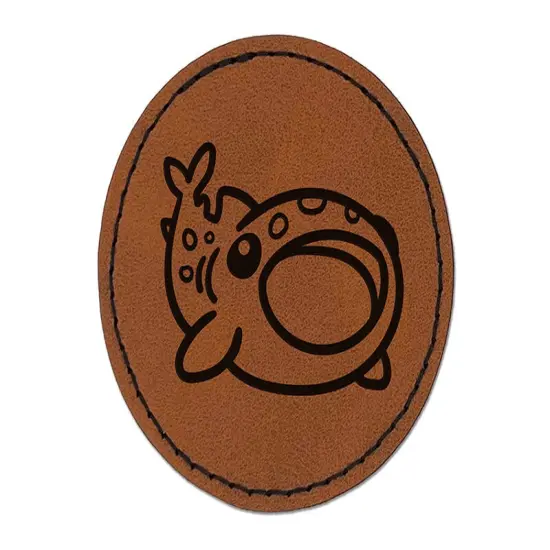Fascinating Whale Shark with Open Mouth Round Iron-On Engraved Faux Leather Patch Applique - 2.5" Brown {1}