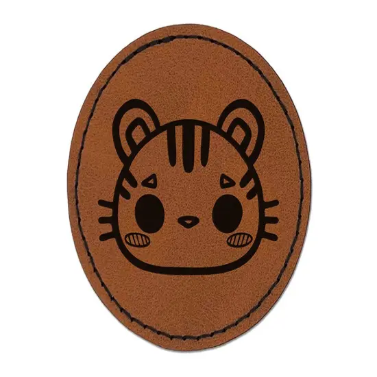 Charming Kawaii Chibi Tiger Face Blushing Cheeks Round Iron-On Engraved Faux Leather Patch Applique - 2.5" Brown {1}