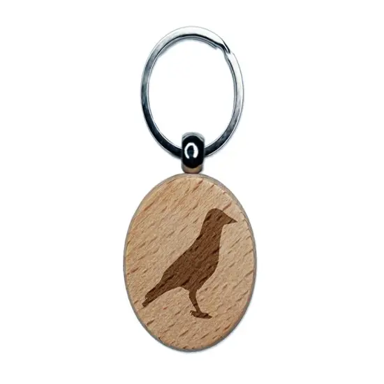 Crow Solid Engraved Wood Round Keychain Tag Charm {1}