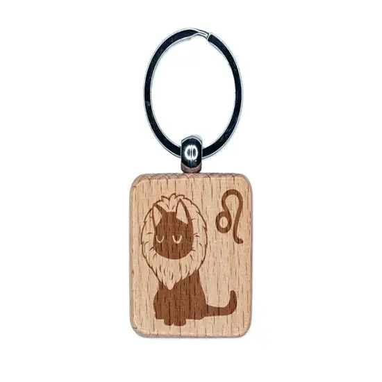 Astrological Cat Leo Horoscope Zodiac Sign Engraved Wood Square Keychain Tag Charm {1}