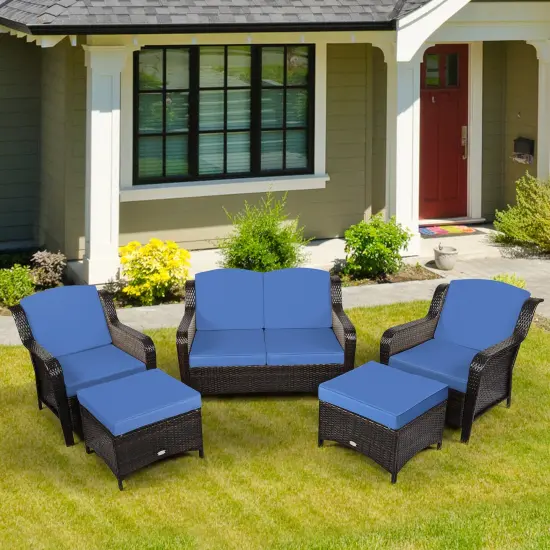 5 Pieces Patio Rattan Sofa Set with Cushion and Ottoman Navy {2}