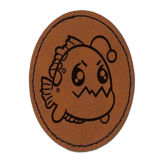 Kawaii Anglerfish Round Iron-On Engraved Faux Leather Patch Applique - 2.5" Brown {1}