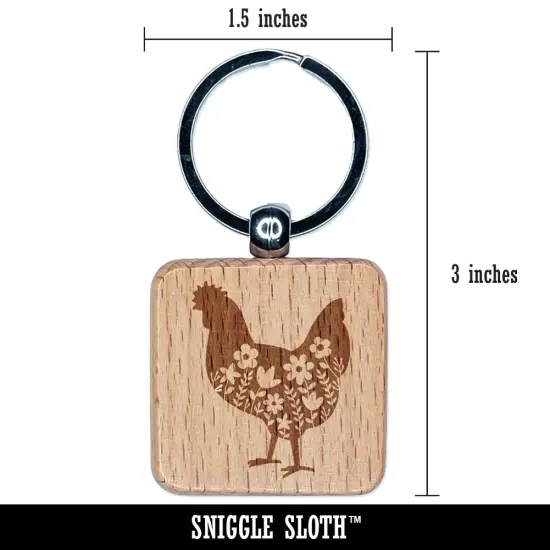 Floral Chicken Engraved Wood Square Keychain Tag Charm {2}