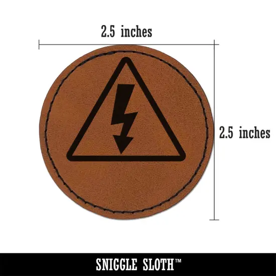 Electrical High Voltage Warning Sign Round Iron-On Engraved Faux Leather Patch Applique - 2.5" Brown {3}